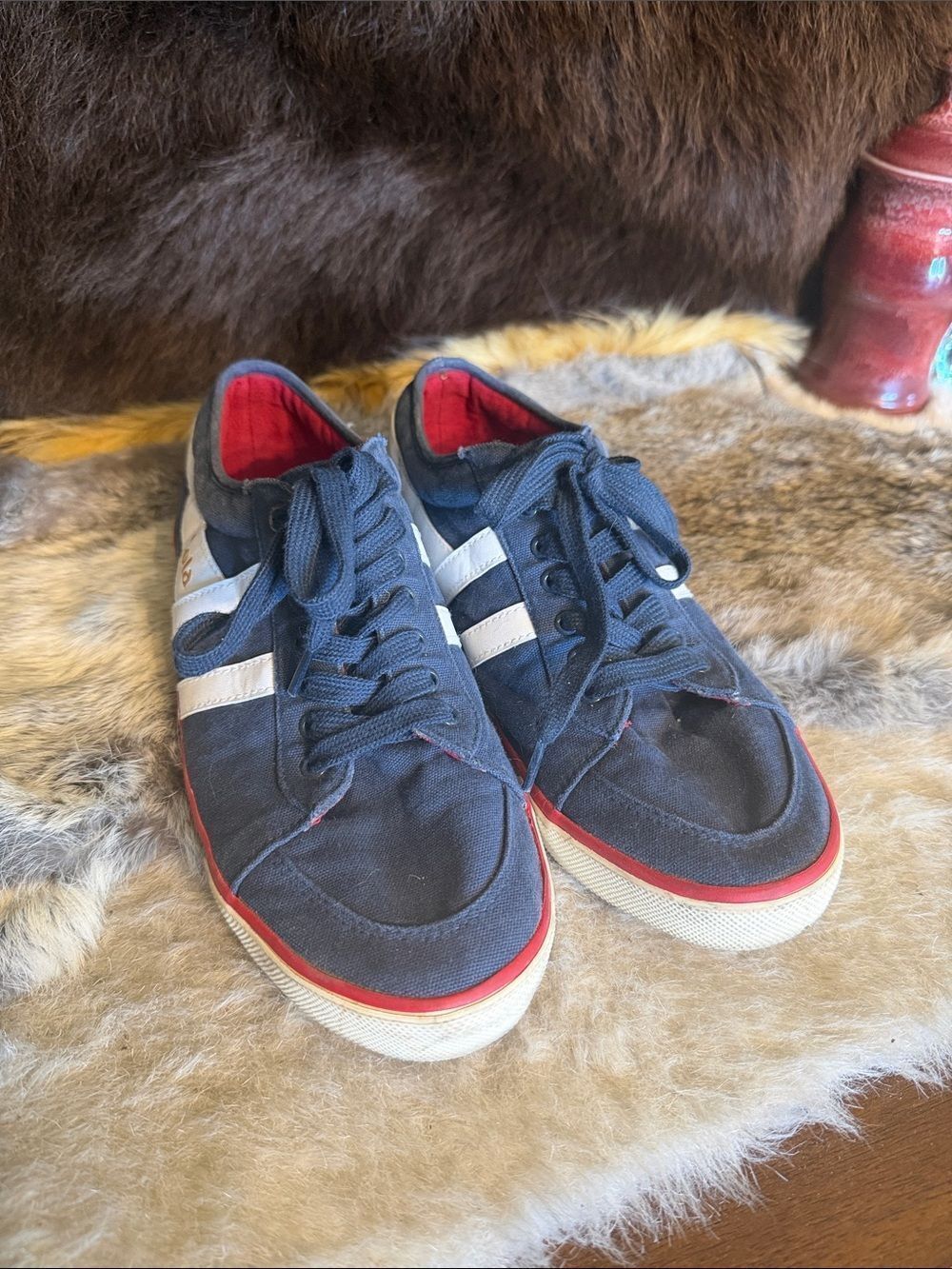 Men's Navy Canvas Sneakers with White Stripes and Red Accents 9 (5000D)